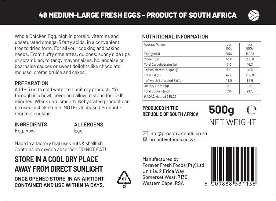 Freeze-Dried Eggs - 2kg (48-Eggs) - Proactive Foods #