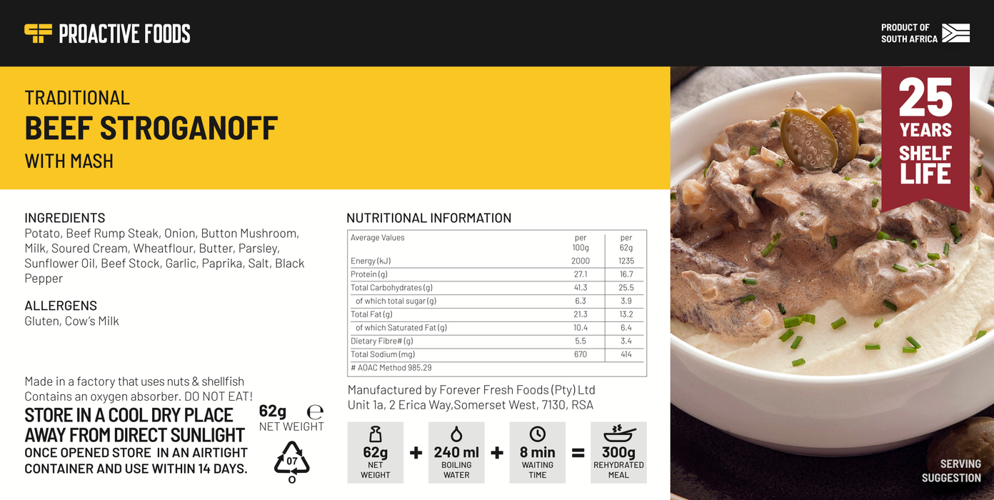 Traditional Beef Stroganoff - with Mash (300g) - Proactive Foods #