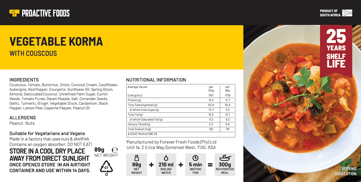 Vegetable Korma - with Couscous (300g) - Proactive Foods