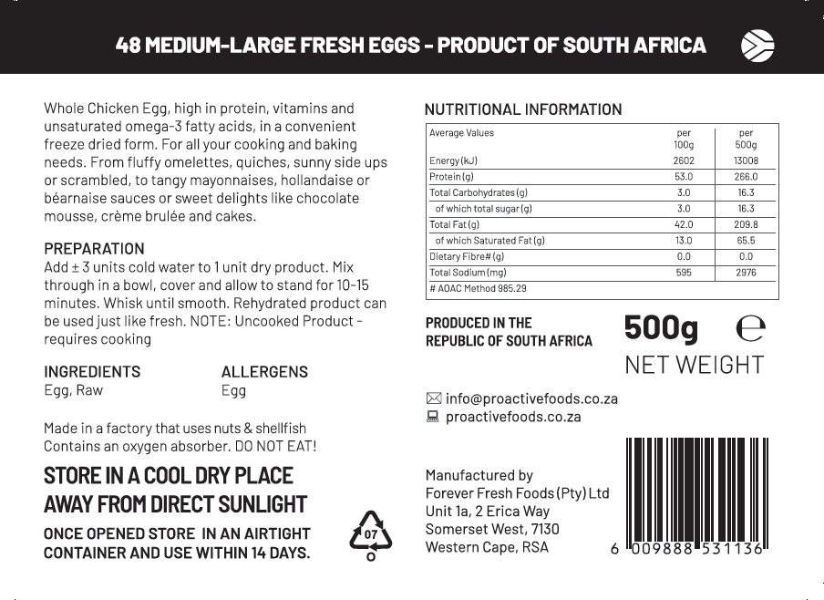 Eggs - 48 Medium-Large Fresh (Freeze-dried) - 2kg Bulk Pack | Back Label
