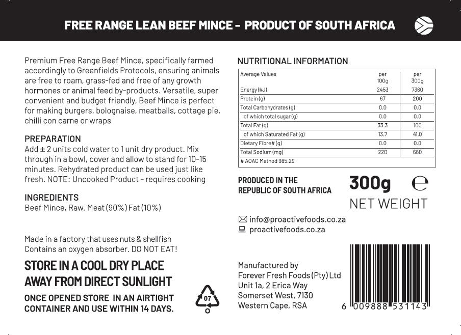 Free Range Lean Beef Mince (Freeze-dried) - 1kg Bulk Pack | Rear Label