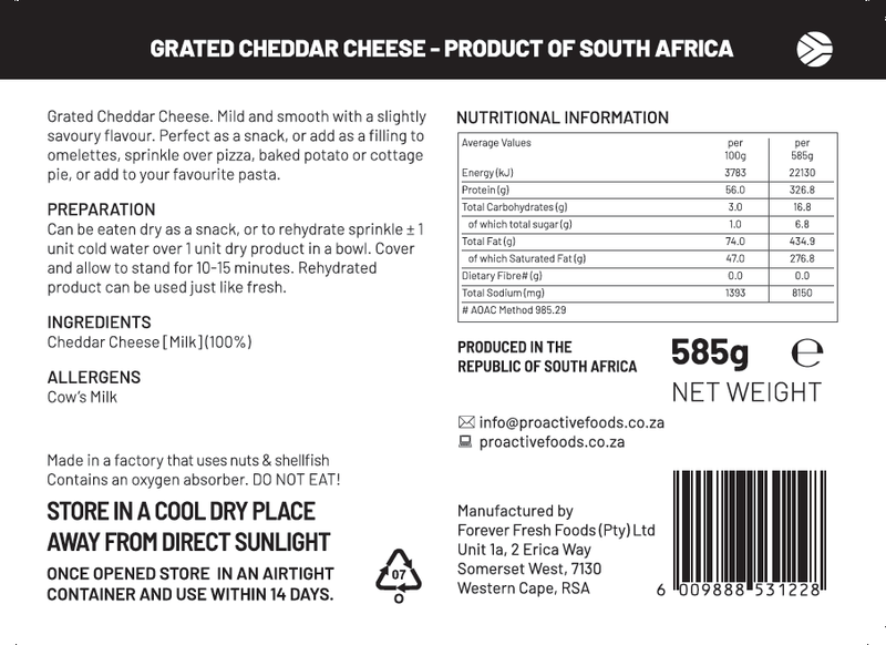 Freeze-Dried Cheddar Cheese - Grated - 1kg - Proactive Foods #