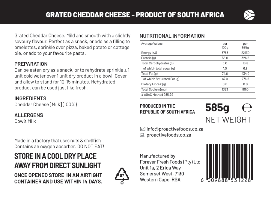 Grated Cheddar Cheese (Freeze-dried) - 1kg Bulk Pack | Back Label